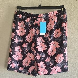 Women's Black Swim Board Shorts with Pink Floral Print